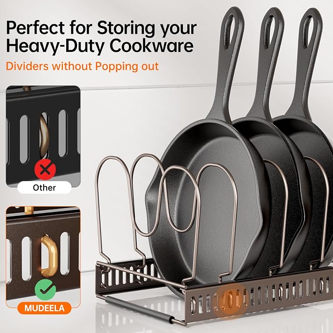 MUDEELA Expandable Pot Pan Lid Organizers inside Cabinet, 12 Divider-Bronze | Expandable 11.8–22.9", 12 Adjustable Divider, Tool-Free Assembly, Non-Slip, Scratch-Proof, For Pan Lid Cutting Board Bakeware