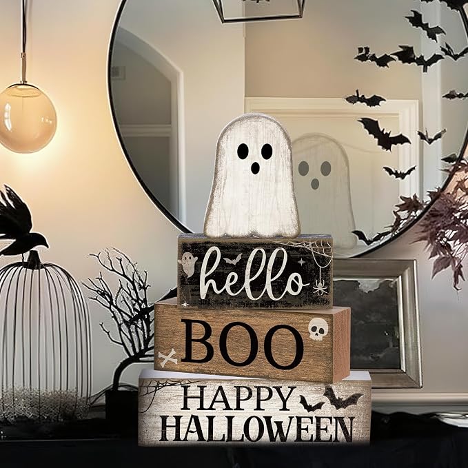 Lineshading 4 Pcs Halloween Table Decor Surprised Ghost Tiered Tray Decor | Stacked Blocks with Ghost, Rustic Wood, For Tabletop Shelf Mantel, Halloween Farmhouse Home Styling, Gift Ready