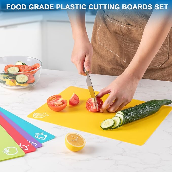 5 Pieces Flexible Plastic Cutting Board Mats with Food Icons, BPA Free Cutting Boards for Kitchen, Non Slip Cutting Mat for Meat and Vegetables (Red, Bright Yellow, Light Green, Purple, Lake Blue) | BPA Free Cutting Boards for Kitchen, Non Slip Cutting...