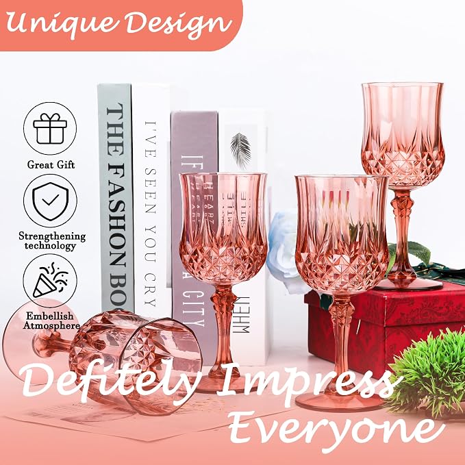 48Pack Plastic Wine Glasses, 7oz Vintage Goblets for Wedding | Unbreakable Crystal Style Reusable Stemware, Elegant Rose Gold Drinking Glass for Party Anniversary & Holiday Celebration