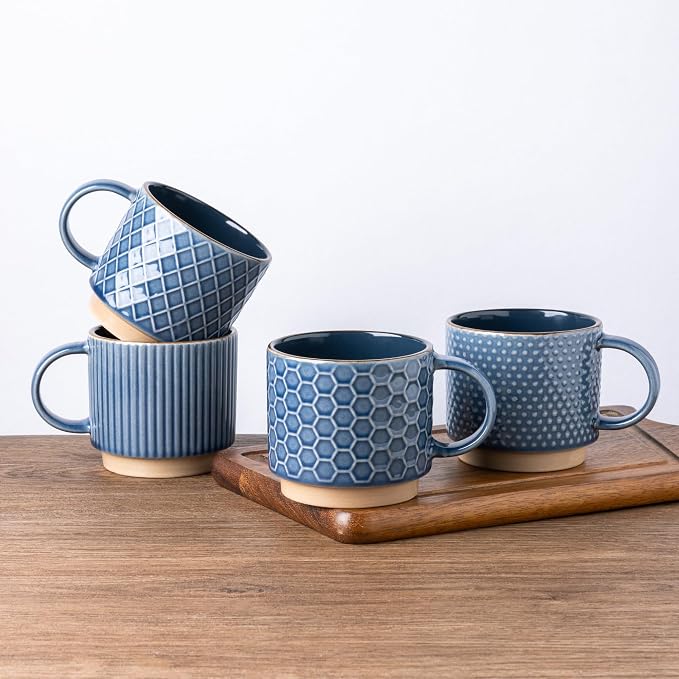 GBhome 12 OZ Stackable Coffee Mugs, Ceramic Coffee Mugs with Texture Patterns for Man,Woman,Dad,Mom, Modern Coffee Cups Set of 4 for Latte/Cappuccino/Cocoa. Dishwasher&Microwave Safe | 4 Assorted Designs, Embossed Mugs with Texture Patterns for Tea/Cof...