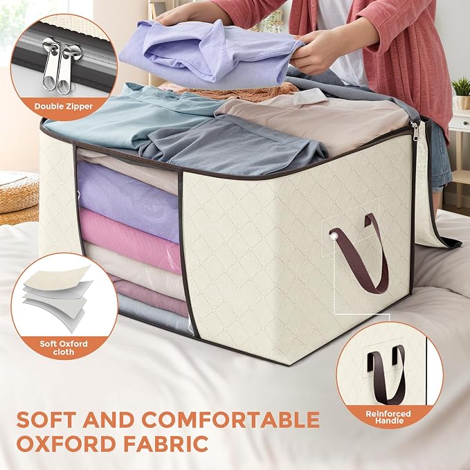 90L Large Storage Bags, 6 Pack Clothes Storage Bins Closet Organizers | Foldable Storage Containers, with Reinforced Handle, for Clothing, Blanket, Comforters, Bed Sheets, Pillows and Toys
