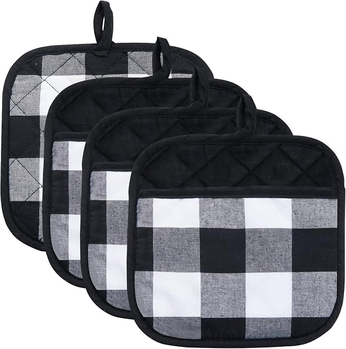 Joyhalo 4 Pack Pot Holders for Kitchen Clearance | Cotton Oven Holder with Great Heat Resistance, Potholders Sets for Kitchen, Countertops, Hot Pots and Pans, Black and White