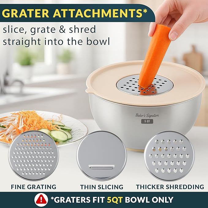 Baker's Signature Stainless Steel Mixing Bowls with Lids Set, 5 Sizes | 3 Graters, Non-Slip Base, Airtight Metal for Kitchen, Food Prep, Storage, 0.63QT-5QT, Khaki