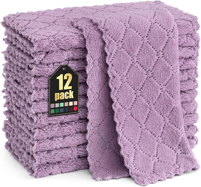Homaxy 12 Pack Super Soft & Absorbent Dish Cloths, 10" x 10", Purple | Coral Velvet, Nonstick Oil Fast Drying Microfiber Cleaning Cloth, No Lint Household Dishcloths