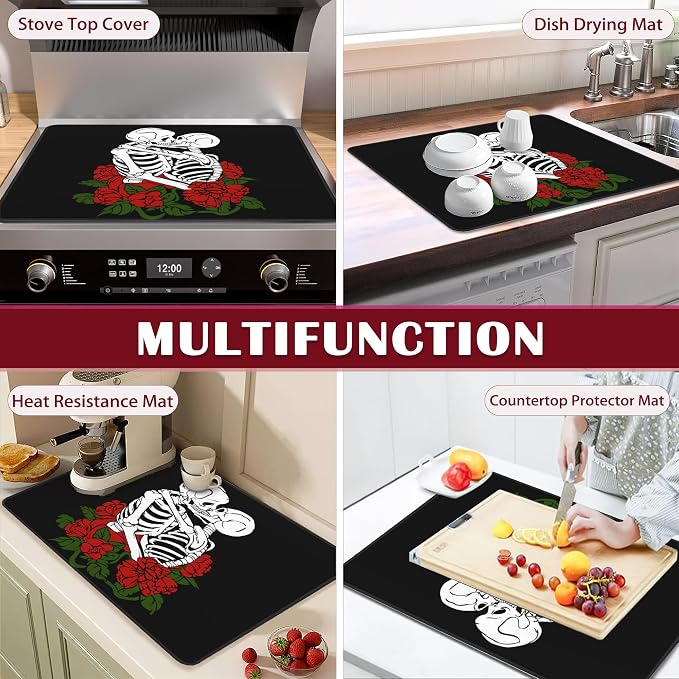 Skull Red Rose Electric Stove Top Cover Protector,Flowers Skeleton Glass Flat Top Stove Mat,Heat-Resistant Oven Induction Cooktop Mat for Ceramic Countertop Mats Dish Drying Mat