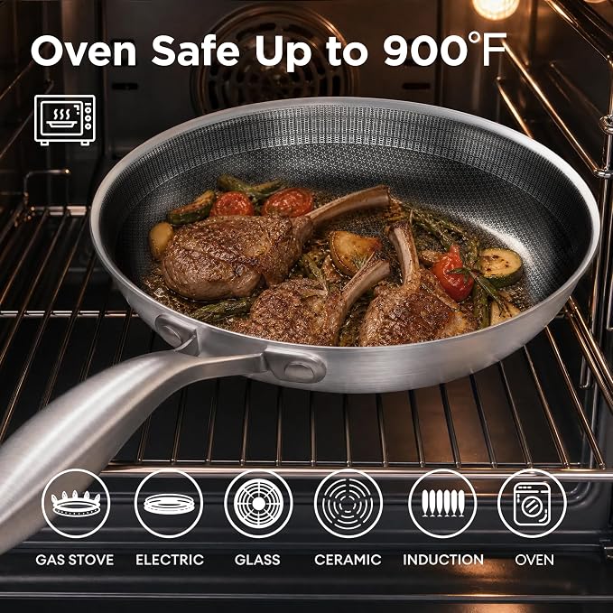 COOKER KING 10-Inch Stainless Steel Pan, Hybrid Nonstick Frying Pan | 3-Ply Clad Cookware, Healthy & Non-Toxic, Dishwasher & Oven Safe, Stay-Cool Handle, Induction Compatible – Metal Utensil Safe