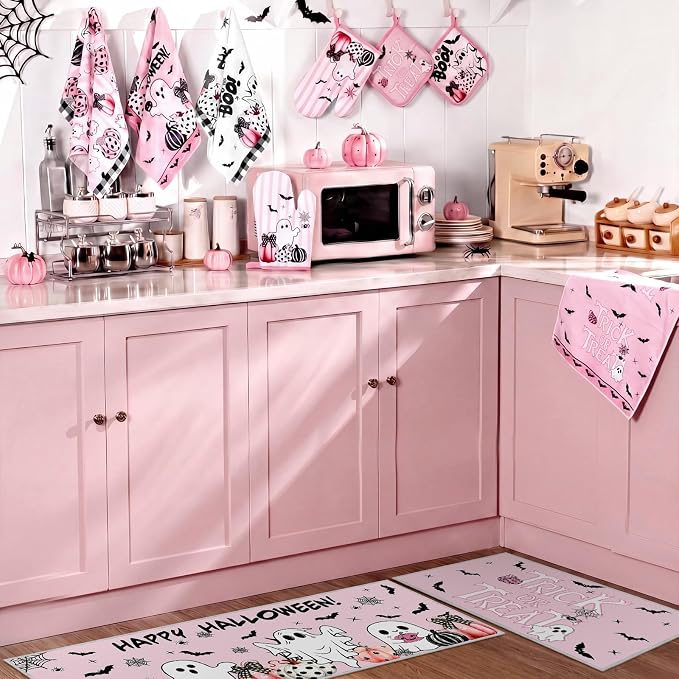 Fanfanwin 10 Pcs Pink Happy Halloween Kitchen Decor Set Pumpkins Ghost Boo Kitchen Rugs Towels Pot Holders Oven Mitts Trick or Treat Decorations for Halloween Baking Cooking BBQ