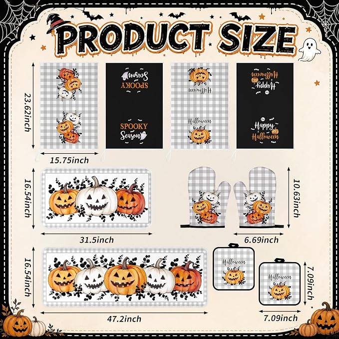 Fanfanwin 10 Pcs Halloween Pumpkin Kitchen Decor and Accessories Set Kitchen Towels Rugs Pot Holders Oven Mitts Set Halloween Decorations for Cooking Baking Housewarming Gifts