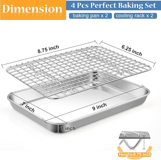 TeamFar Cookie Sheets with Cooling Racks, 2 Pans + 2 Racks,9x7x1 Inch | Stainless Steel Mini Toast Oven Tray Pan with Grid Rack for Baking Roasting Cooling, Non-Toxic & Heavy-Duty, Dishwasher Safe