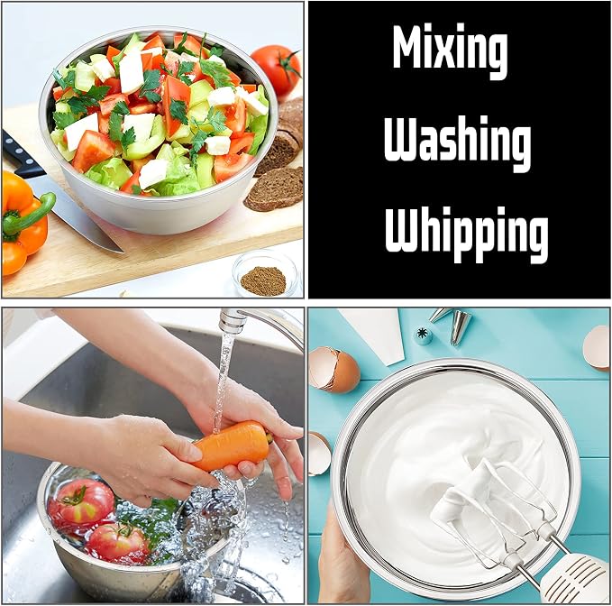 P&P CHEF Stainless Steel Mixing Bowls With Lids, Set of 6, Black | Salad Nesting Mixing Bowls & Fitting Lids & Non-Slip Silicone Bottom, Ideal for Mixing, Storing, Size 0.7/1/1.5/2.5/3/4.6 Qt