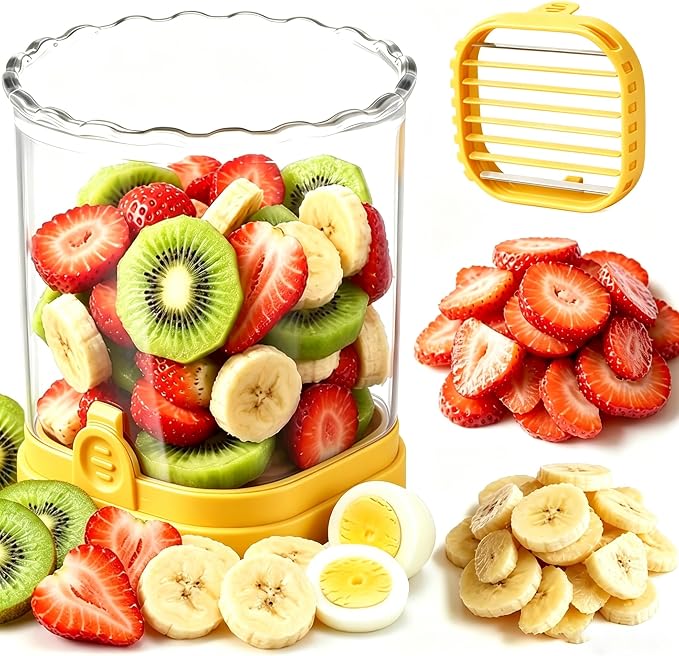 Hendiy Strawberry Slicer with Stainless Steel Blades | Egg & Fruit Slicer Cup for Banana, Cucumber, Mushroom | ABS Detachable Kitchen Gadget - Precision Berry Cutter Tool (Yellow, 1-Pack)
