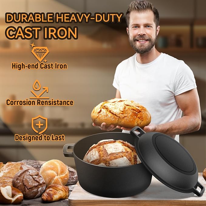 Cast Iron Dutch Oven for Bread Baking, 2-in-1 Pre-Seasoned Dutch Oven Pot | Banneton Bread Proofing Basket Sourdough Bread Baking Supplies, Dutch Oven Pot with Skillet Lid Cooking Pan Handles Lame, 5QT