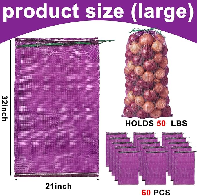 SATINIOR 60 Pcs Large Mesh Storage Produce Bags 21'' x 32'' Mesh Onion Bags 50 Lbs Reusable Vegetable Storage with Drawstring Potato Sacks for Onion Potato Citrus Fruit Produce Firewood (Purple)