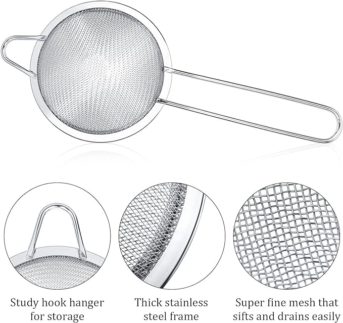 3 Pieces Cocktail Strainer Bar Strainer Fine Mesh Tea Strainer, 3.3 in | Stainless Steel, Small Silver Strainer Practical Bar Colander Tool for Drinks and Loose Leaf Tea, Fits Most Bar Glasses