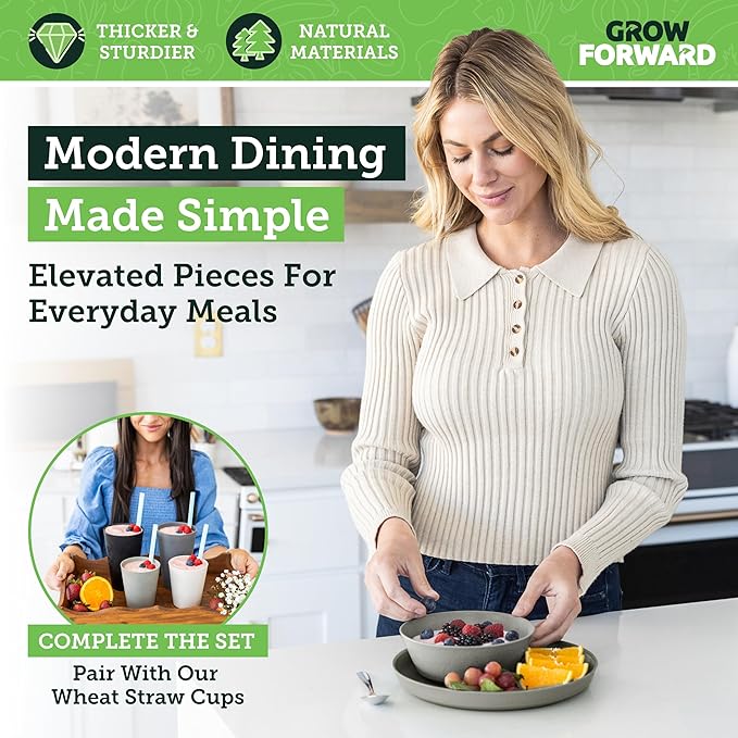 Grow Forward Premium Wheat Straw Plates and Bowls Sets - 8-Piece Wheat Straw Dinnerware Sets - Unbreakable & Reusable Microwave Safe Plastic Dinner Plates for Outdoors, RV, Camping Dishes - Feather