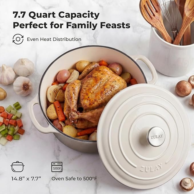 Zulay Kitchen 7.7 Quart Enameled Cast Iron Dutch Oven Pot with Lid – Premium Durability & Oven Safe up to 500°F – Heavy Duty Cookware Perfect for Bread Baking, Stews, Braising & Roasting – White