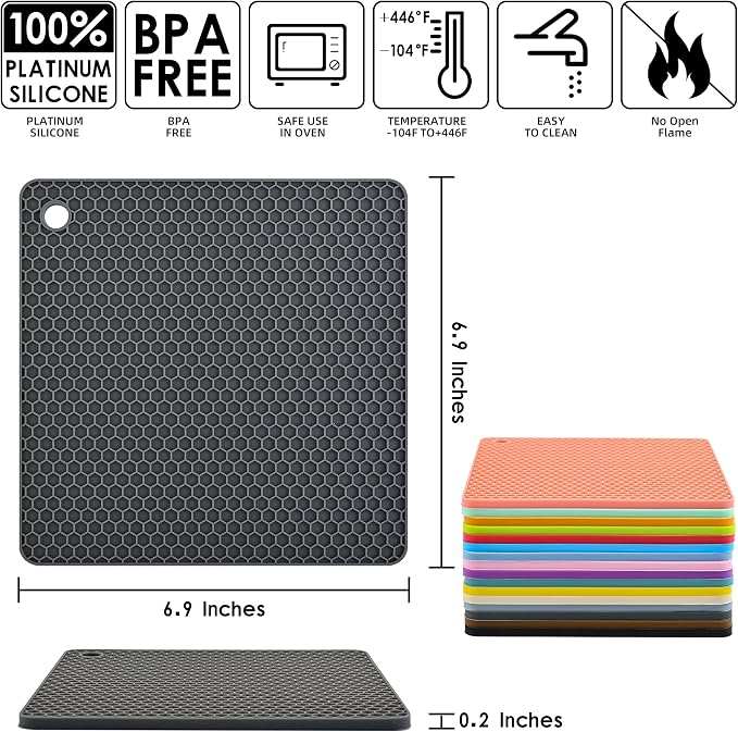 Silicone Trivets Mats Silicone Pot Mat for Countertop Trivet Pads Heat Resistant Table Placemats 4 Pack,Size:7.5x7.5 Inch, Shape: Square (Grey Blue)