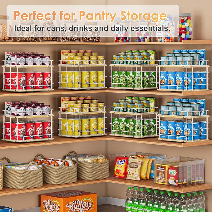 360° Rotating Lazy Susan Can Organizer for Pantry, Holds 26 Cans, White | 2-Tier Metal Wire & Wood Turntable Can Rack Holder, Storage for Canned Goods, Kitchen Pantry Cabinets & Countertops