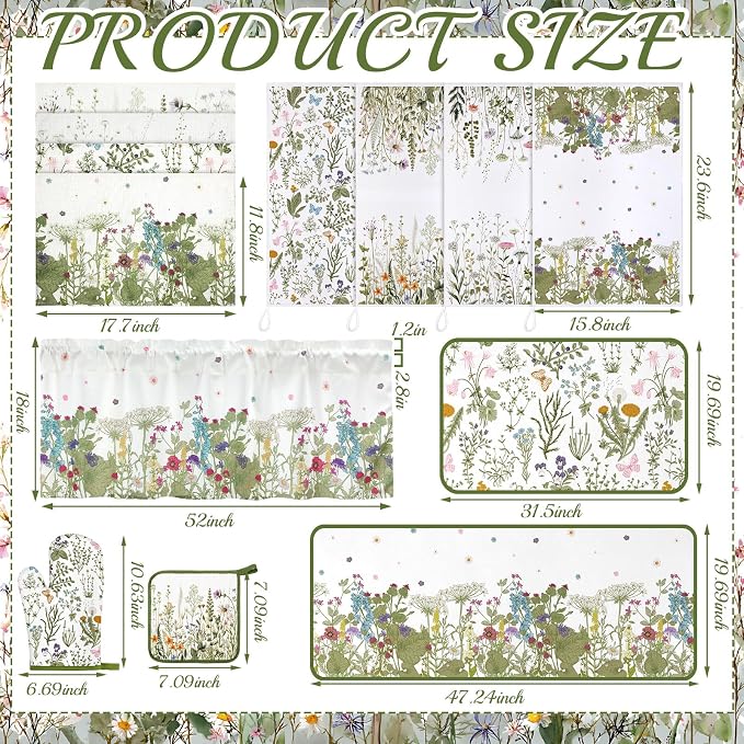 Fourluoo 16 Pcs Wildflower Floral Kitchen Decor Set Spring Kitchen Towels and Dishcloth Non Slip Rug Floor Mat Farmhouse Flower Oven Mitts and Pot Holder Retro Curtain Set for Home Decoration Gift