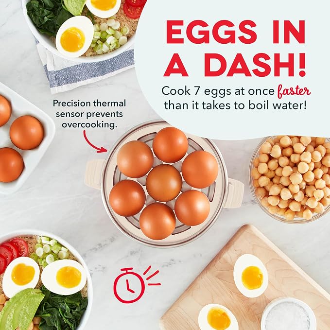 Dash Rapid Egg Cooker, 7 Hard Boiled Eggs, Cream | Electric Egg Poacher, Boiler, Steamer & Omelette Maker Machine, Soft or Poached Eggs for Breakfast, Auto Shut-Off, BPA-Free