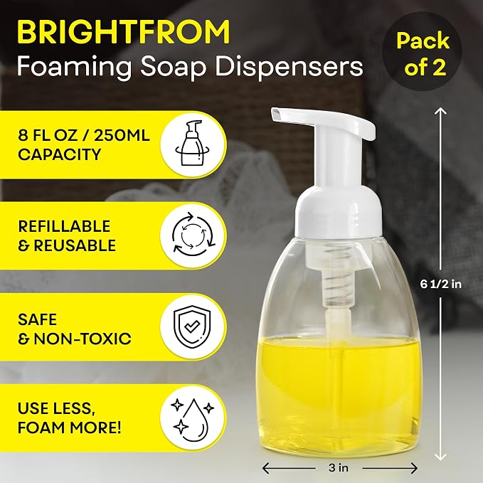 Foaming Soap Dispenser Pump Bottles, BPA Free Empty Refillable Plastic Container for Liquid Soap - Kitchen, Bathroom, Commercial - 8oz (250ml) Pack of 2 Clear
