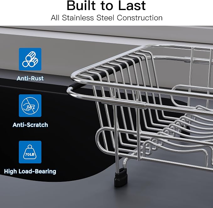 JASIWAY Sink Small Dish Drying Rack with Utensil Holder, for RV, Apartment | Over Sink Expandable Stainless Steel Dish Drainers for Compact Kitchen, Space Saving, Fast Drain, Rustproof, For 1-2 people