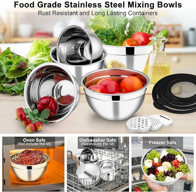 E-far Mixing Bowls Set of 5, Stainless Steel Salad Mixing Bowl with Transparent Lid, Metal Nesting Bowl Attach with 3 Graters for Kitchen Prepping/Serving/Baking/Storage, 4.6/2.6/1.5/1/0.7 QT - Black