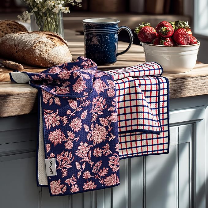 RECYCO Waffle Kitchen Towel Set of 2 - Quick Dry Microfiber Sustainable Dish Towels - Ultra Absorbent Reusable Cleaning Tea Towels - Lightweight Hand Towels,16”x 28”, Americana Bloom