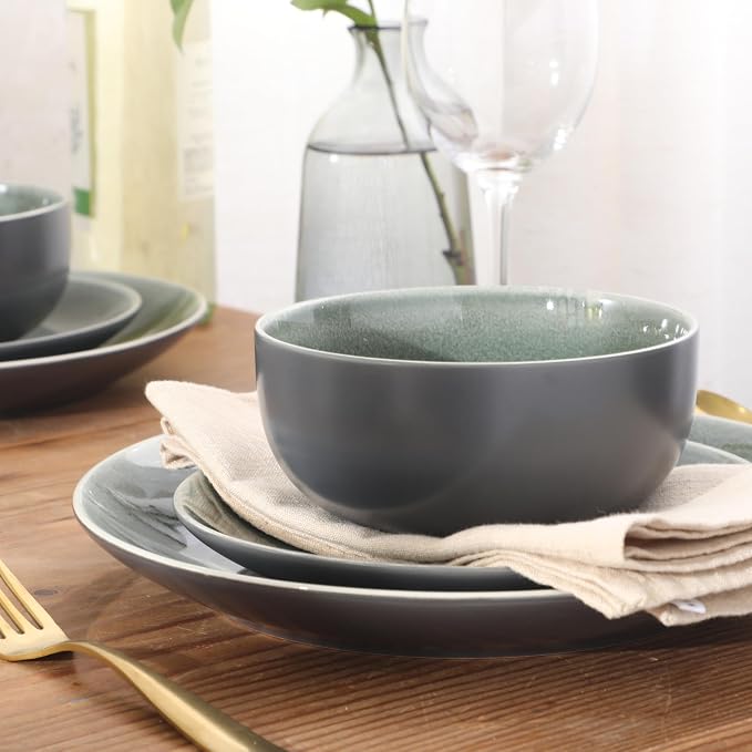 Gibson Elite Pine Coast Plates and Bowls Sets, 12-Piece Stoneware Dinnerware Sets, Reactive Glaze Dish Set - Green