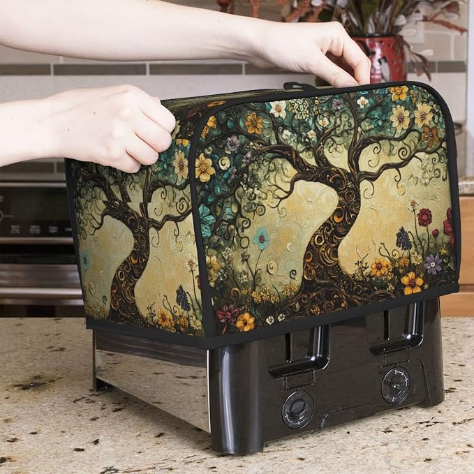 2 Slice Toaster Cover Whimsical Tree Flower Dust Proof Washable Kitchen Appliance Cover with Pocket, Oxford Fabric Countertop Toaster Protector for Standard Toasters Small Appliances