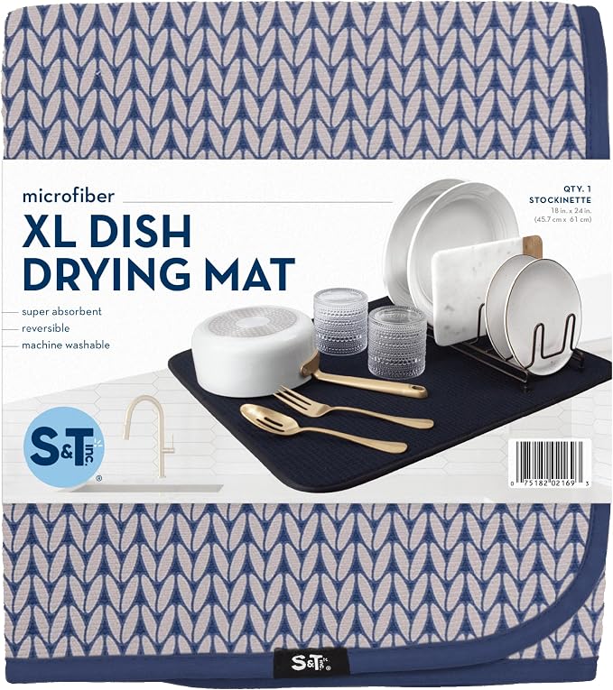 S&T INC. Dish Drying Mat, 18" x 24", XL, Blue Stockinette | Absorbent Microfiber, Extra Large Kitchen Counter Mat for Dishes, Utensils, Pots and Pans, Machine Washable