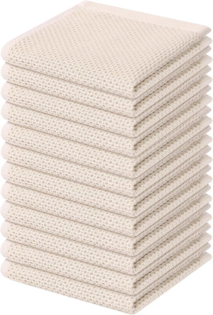 Kitinjoy 100% Cotton Waffle 12-Pack Kitchen Towels, 12" x 12", Beige | Ultra Absorbent, Super Soft, lightweight, Quick Drying Dish Rags for Washing Dishes