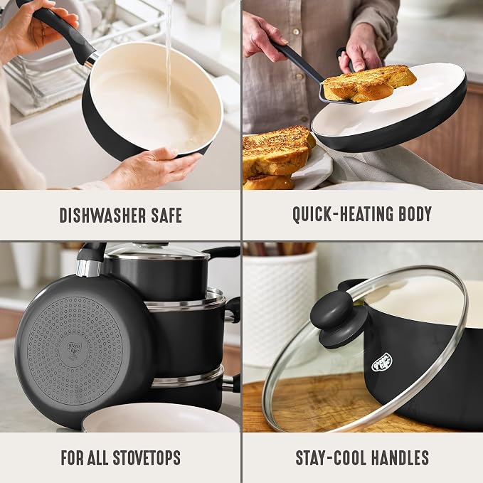 GreenLife 5QT Ceramic Nonstick Stockpot with Lid, Graphite Black | PFAS-Free Nonstick Coating, Casserole Pot, Soup Pot, Pasta Pot, Induction Ready, All Stovetop Compatible, Dishwasher Safe