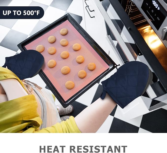 1 Pair Short Oven Mitts - Silicone Kitchen Oven Gloves High Heat Resistant 500℉, Mini Oven Mits with Non-Slip Grip Surfaces and Hanging Loop for BBQ, Baking, Cooking and Grilling (Dark Blue)