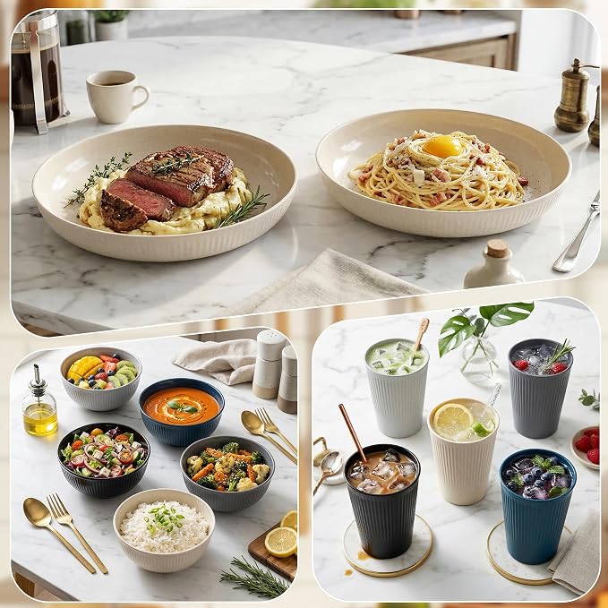 Wheat Straw Dinnerware Sets for 6 People 18pcs Camping Plates and Bowls Set | Unbreakable Dish Set Reusable Picnic Set, 23cm Plates sets, Cups sets, 15 cm bowls sets, Microwave and Dishwasher Safe