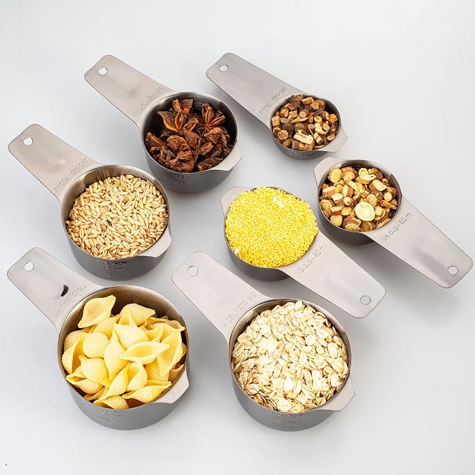 7-Piece 18/8 Stainless Steel Measuring Cups Set, Dark Gray | Includes 1/16, 1/4, 1/3, 1/2, 2/3, 3/4 and 1 Cup, Engraved US and Metric Markings, Pour Spouts and Ring Connector