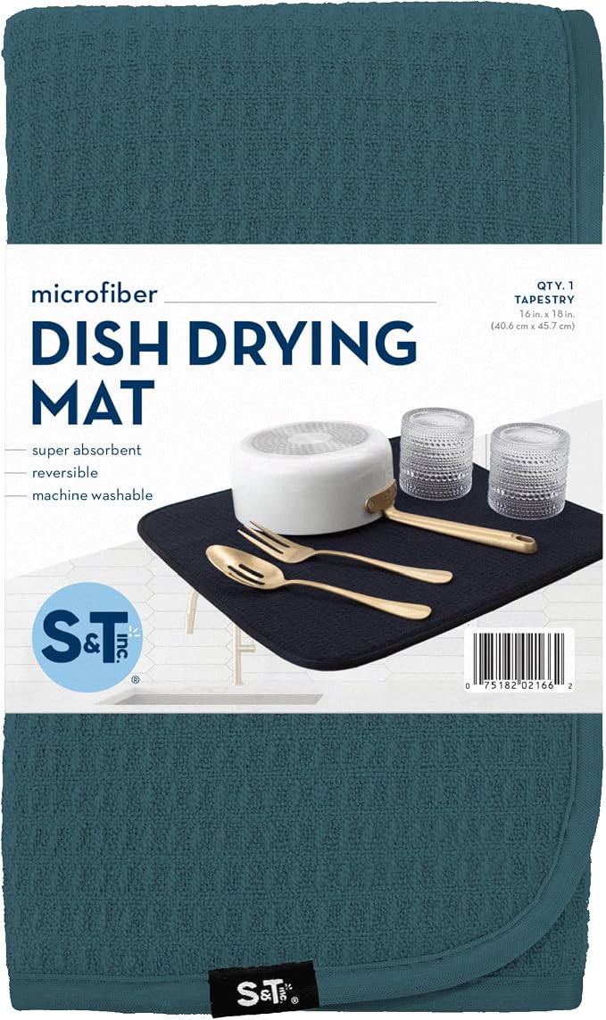 S&T INC. Dish Drying Mat, 16" x 18", Large, Tapestry Blue | Absorbent Microfiber, Kitchen Counter Mat for Dishes, Utensils, Pots and Pans, Machine Washable