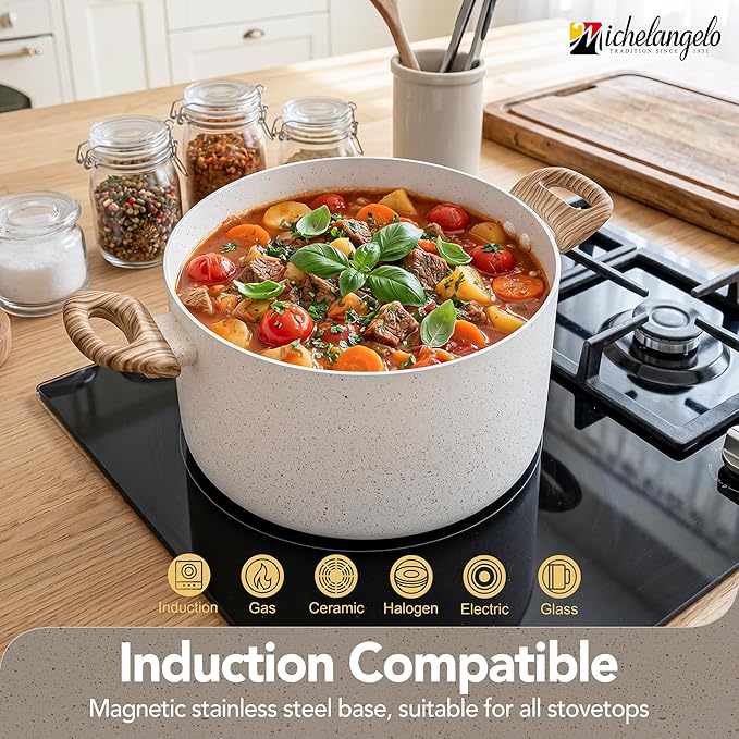 MICHELANGELO Nonstick Cooking Pot - 6 Quart Soup Pot with Lid for Family Meals, Non-Toxic Stockpot with Stay-Cool Handles, Induction Ready, Easy Cleanup, PFOA & PFOS Free