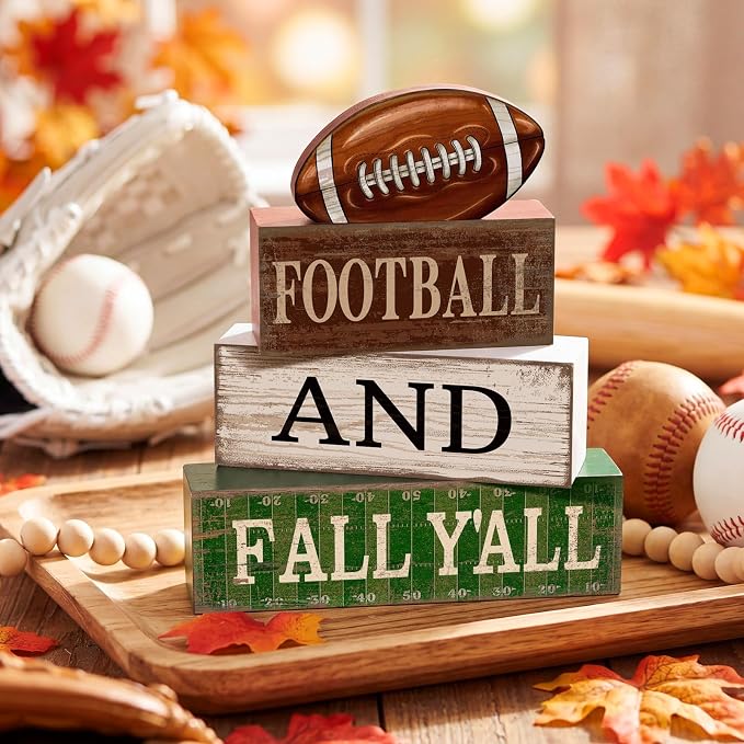 Lineshading 4 Pcs Fall Football Block Signs Wooden Farmhouse Decor | Rustic Wood Blocks with 3D Football Topper, Sport Theme Tiered Tray Decor for Table Shelf, Football and Fall Y'all Text
