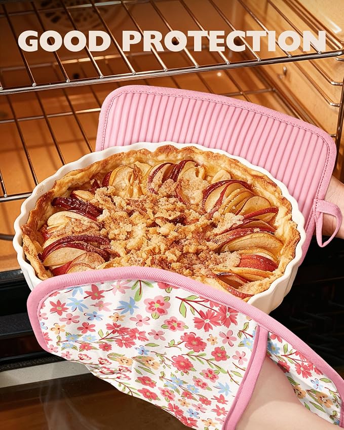 100% Thick Cotton Pot Holders Ribbed Soft Silicone Pink Flower | Stylish Pot Holders with Pockets, Ribbed Soft Silicone, Machine Washable Non-Slip Heat Resistant Hot Pads 2pcs, Kitchen Gift