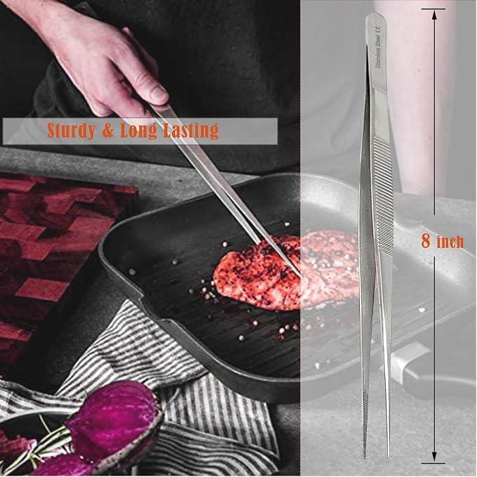 Professional Culinary Stainless Steel Precision Tongs with Serrated Tips, Plating/Food Presentation Detailing Serving Tongs, Chef's Kitchen Tweezer Tongs - Ultra Non-Slip Grip (8" STR Slim)