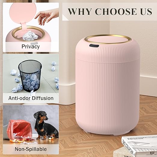 Small Pink Trash Can Bathroom,Motion Sensor Garbage Can Automatic | Touchless Sensor Trash bin with Lid,3 Gallon Auto Bedroom Garbage Bin,Nice Diaper Plastic Waste basket, Boho Bathroom Decor