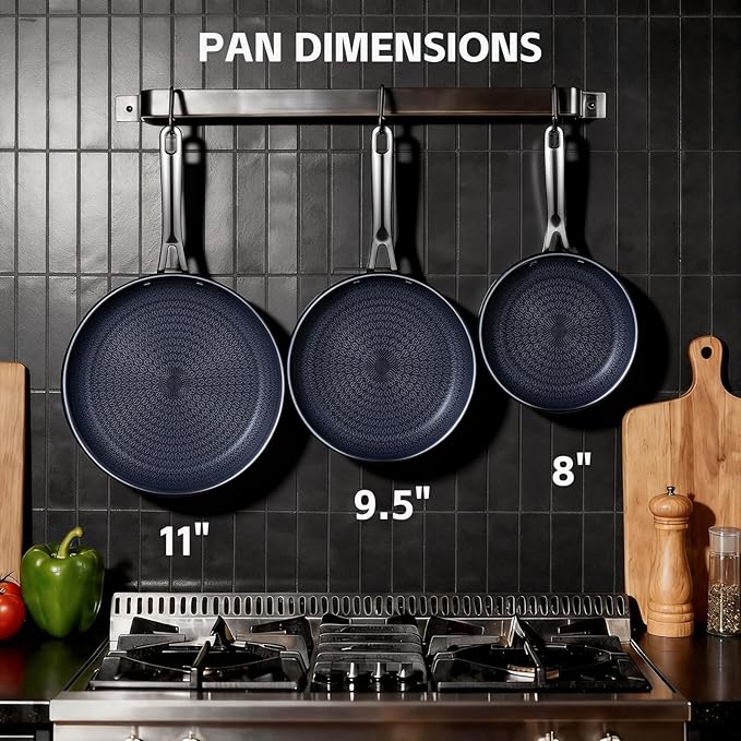 Ammeloo Hybrid Tri-Ply Stainless Steel Frying Pans Set, 8"/9.5"/11" Cooking Pans, Non Stick Frying Pans and Skillets, Chef Pan, Non Toxic, Dishwasher Safe, Induction Compatible, Blue Interior