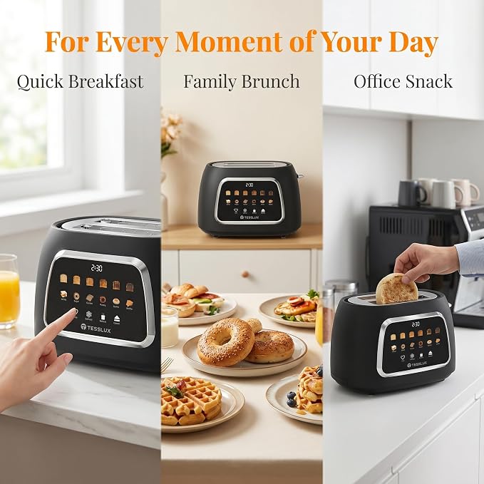 Tesslux Toaster 2 Slice, Extra Wide Slot, 800W, Touch Screen Panel, Black | LED Countdown, Defrost, Reheat, Cancel, 6 Bread Modes, 6 Browning Levels, Crumb Tray, Matte Black Stainless Steel