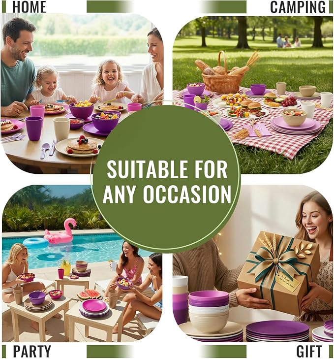 Wheat Straw Dinnerware Sets 40 PCS Bowl and Plate Sets With Cup Dishes Set for 8 Unbreakable Dish Sets Microwave Safe Plates Dinner Bowls Drinking Glasses With 4 Color - Flower Color
