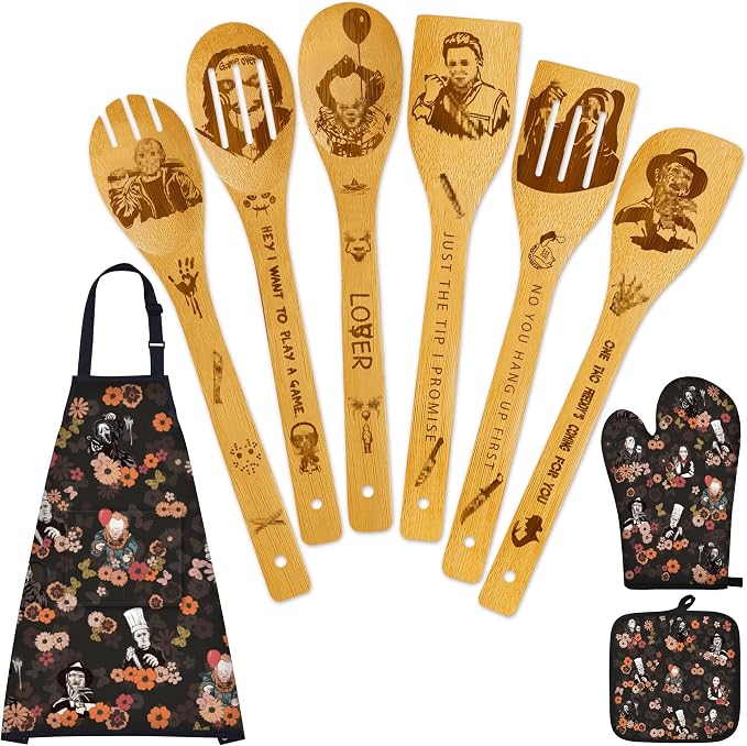 Horror Merch,9Pcs Bamboo Cooking Utensils Set,Spoons with Apron Oven Mitts Pot Holder,Halloween Horror Gifts for Men Women,Horror Decor,Horror Collectibles,Spooky Kitchen Accessories