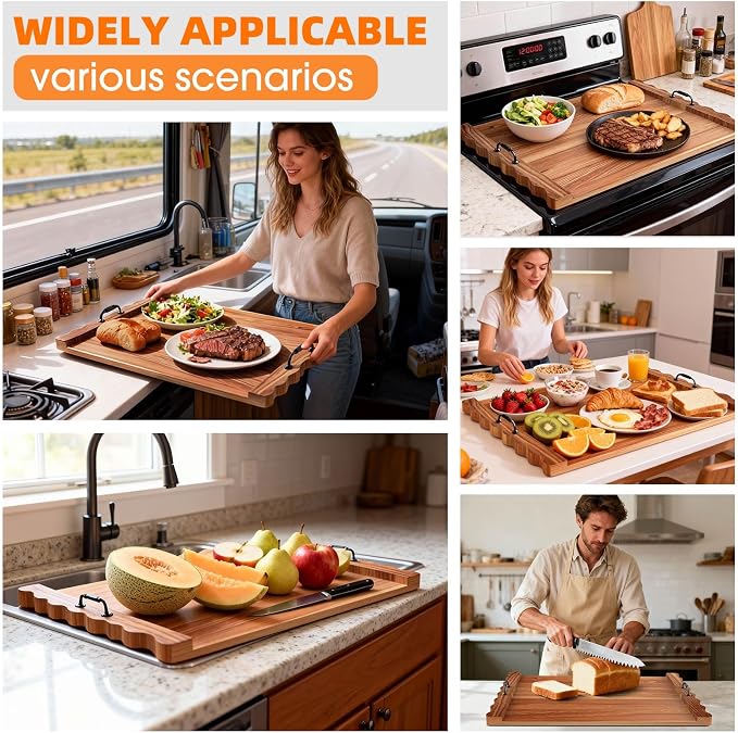 Latest wave-patterned wooden stove top cover, stylish pine panel stove top cover,suitable for gas stoves with 4 and 5 burners, food tray, kitchen stove tray. (Dark wood color)