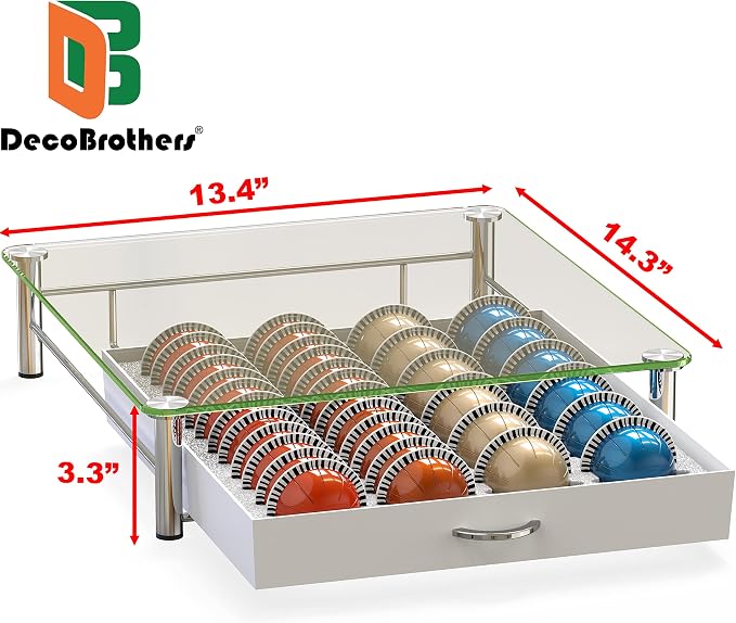 Deco Brothers Tempered Glass Vertuo Pod Holder, Fits 24 Large/48 Small Pods | Compatible with Nespresso Capsule, White