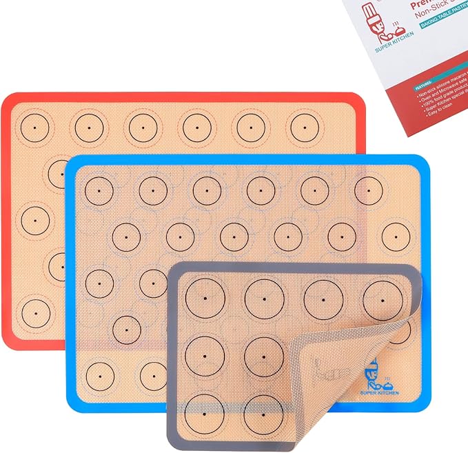 Silicone Baking Mat Macaron Set of 3-2 Half Sheet Liners 1 Quarter Sheet | Non Stick Silicon Cookie Oven Liner For Macaroons, Bake Pans, Pizza, Toaster, Cake and Bread Making (Red,Blue,Gray)